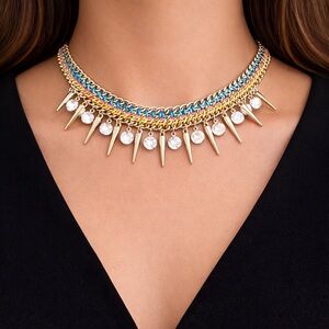 Vintage Ethnic gold tone choker bib necklace statement rhinestones 14 in